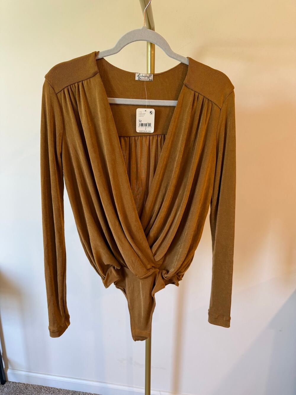 Free People Bodysuit Women's Medium Golden Nugget Pleated Detailed Surplice Neck